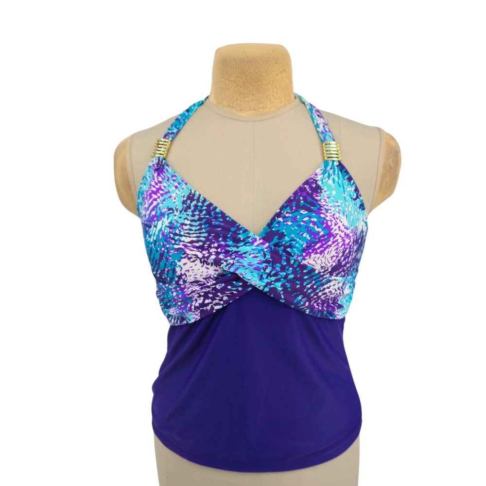 Catalina Tankini Swim Top Women Large 12-14 Purple Potion Halter Abstract Beach